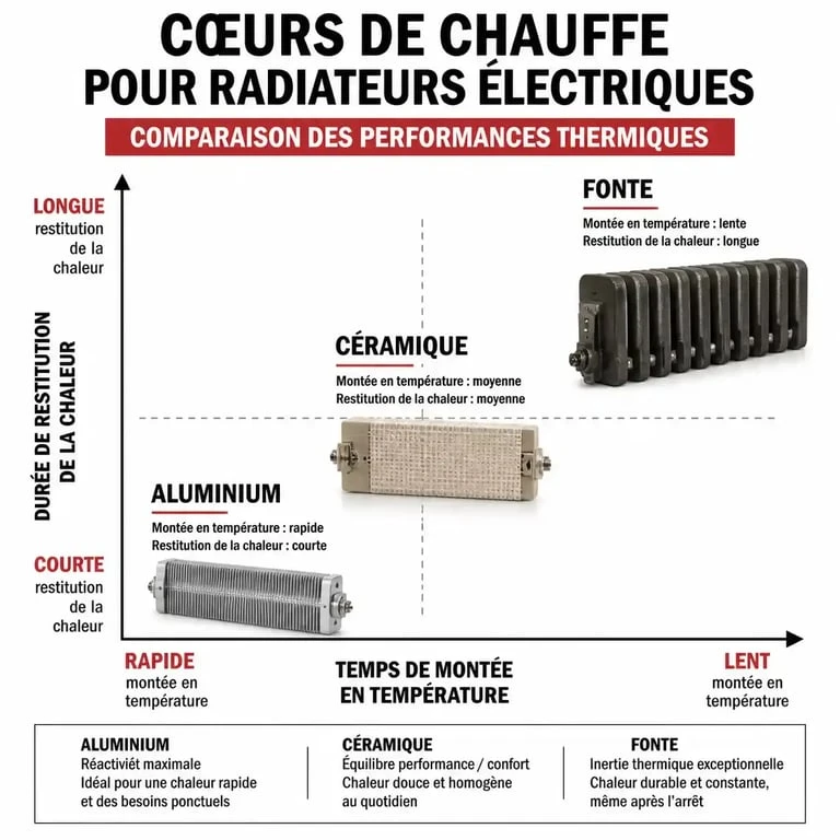Comparatif des cœurs de chauffe pour radiateur à inertie sèche 2000W : fonte, céramique et aluminium
