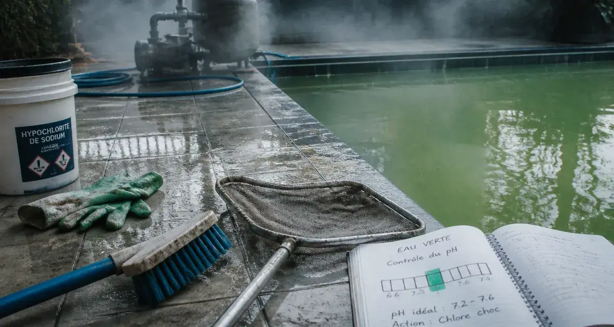 Piscine algue verte : nettoyage avec brosse et traitement choc