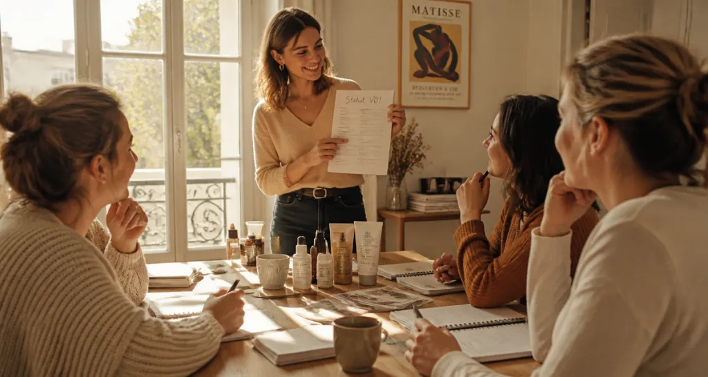vente domicile jeune femme présente produits cosmétiques