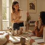 vente domicile jeune femme présente produits cosmétiques