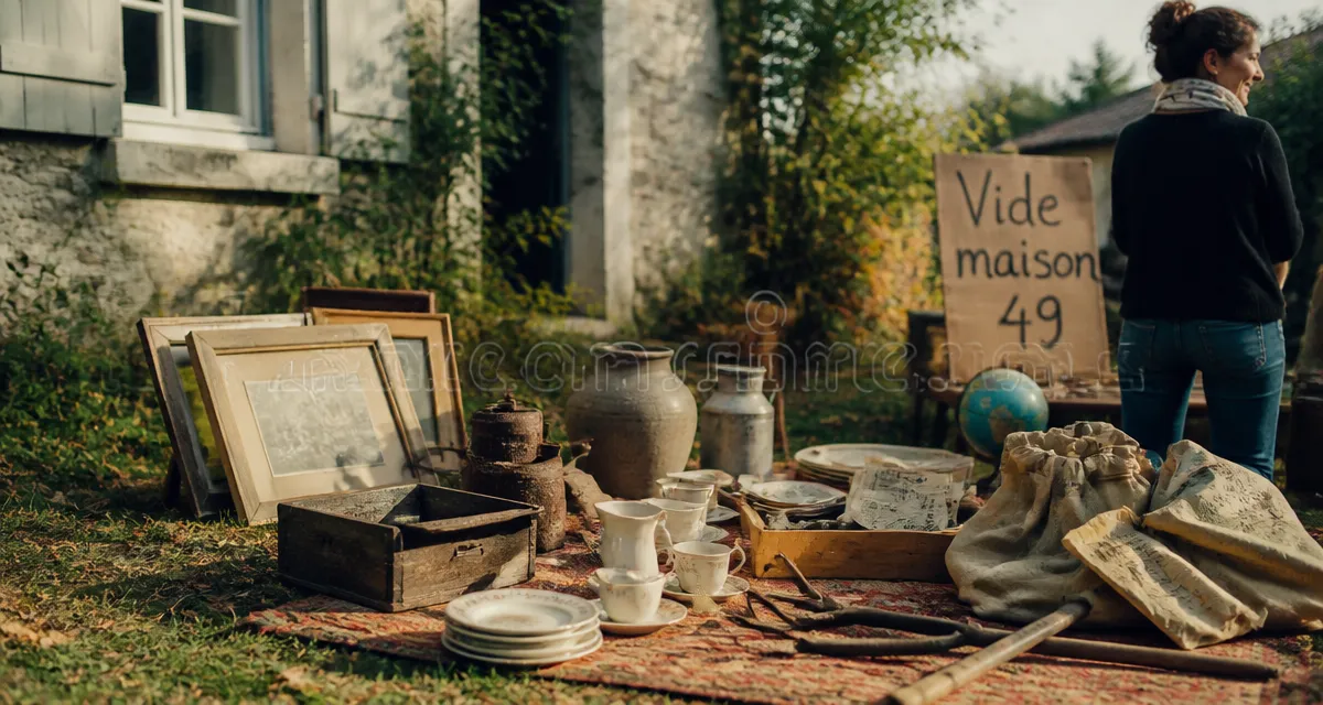 Vide maison 49 : objets chinés devant une maison en Maine-et-Loire