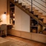 Aménagement sous escalier ouvert : rangement bureau compact