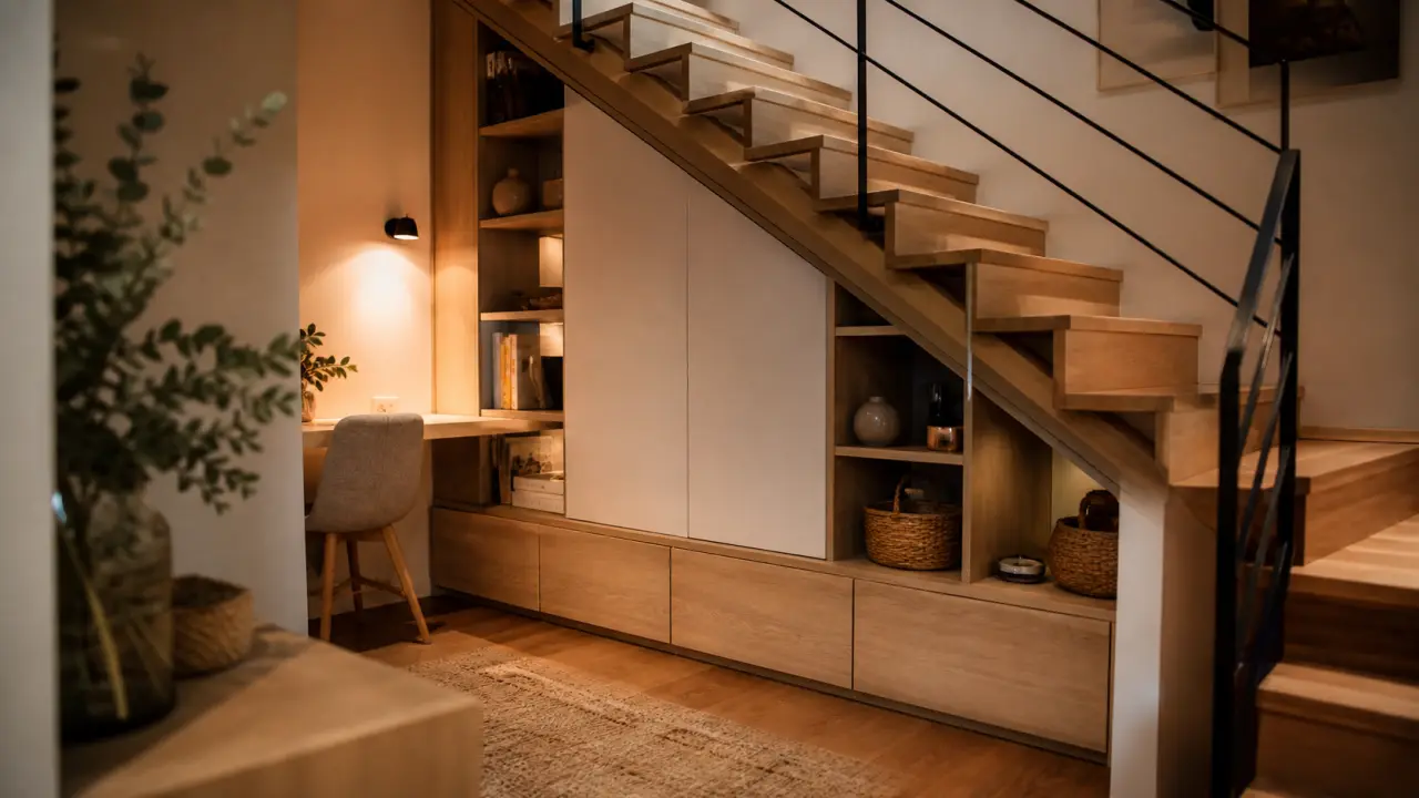 Aménagement sous escalier ouvert : rangement bureau compact