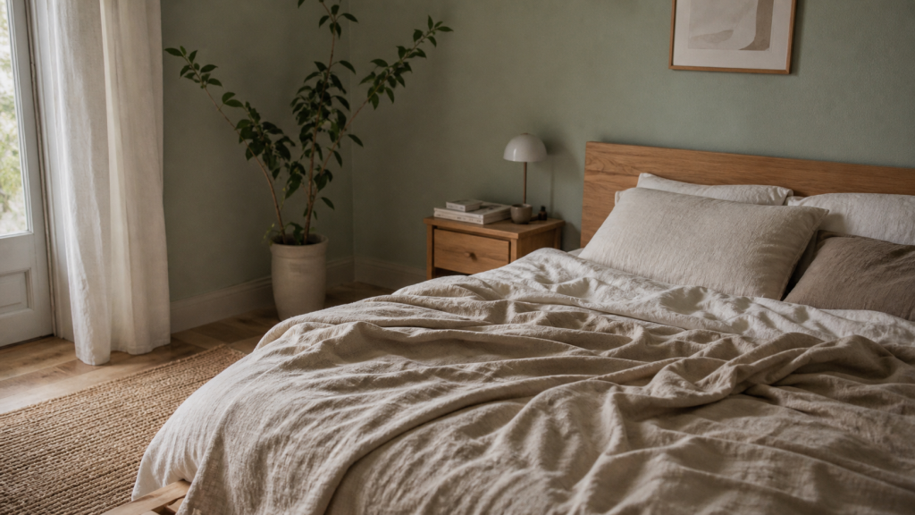 Chambre vert sauge et bois, lit en bois clair et linge en lin, lumière du matin
