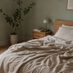 Chambre vert sauge et bois, lit en bois clair et linge en lin, lumière du matin