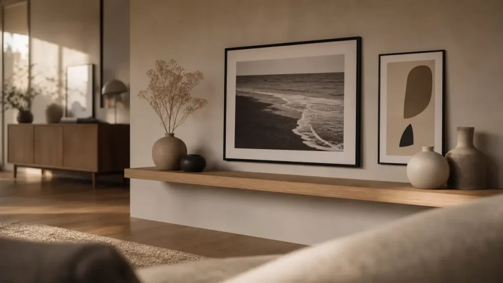 Décorer un grand mur salon avec cadres XXL et étagère murale