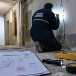 Diagnostic structurel : expert examine une fissure dans un immeuble ancien
