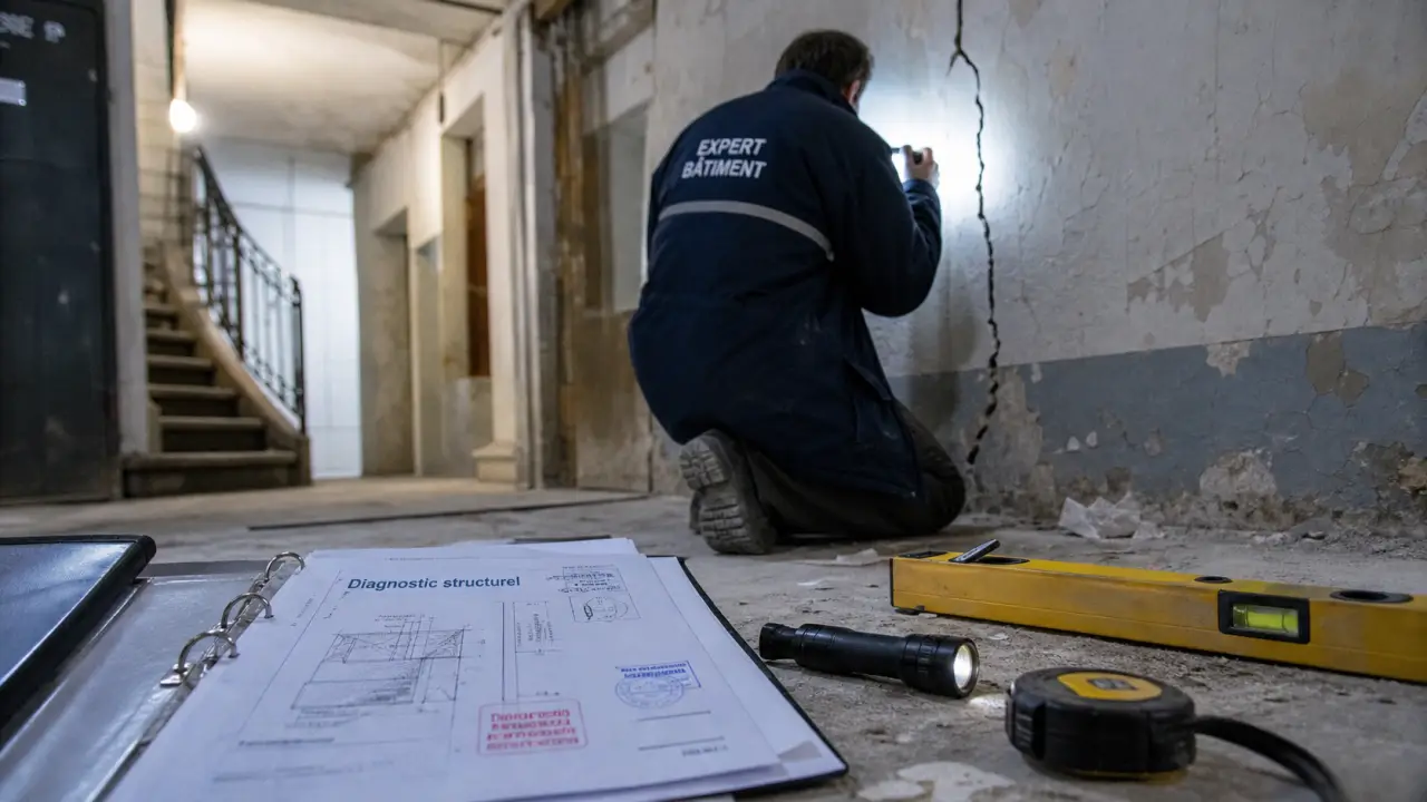 Diagnostic structurel : expert examine une fissure dans un immeuble ancien