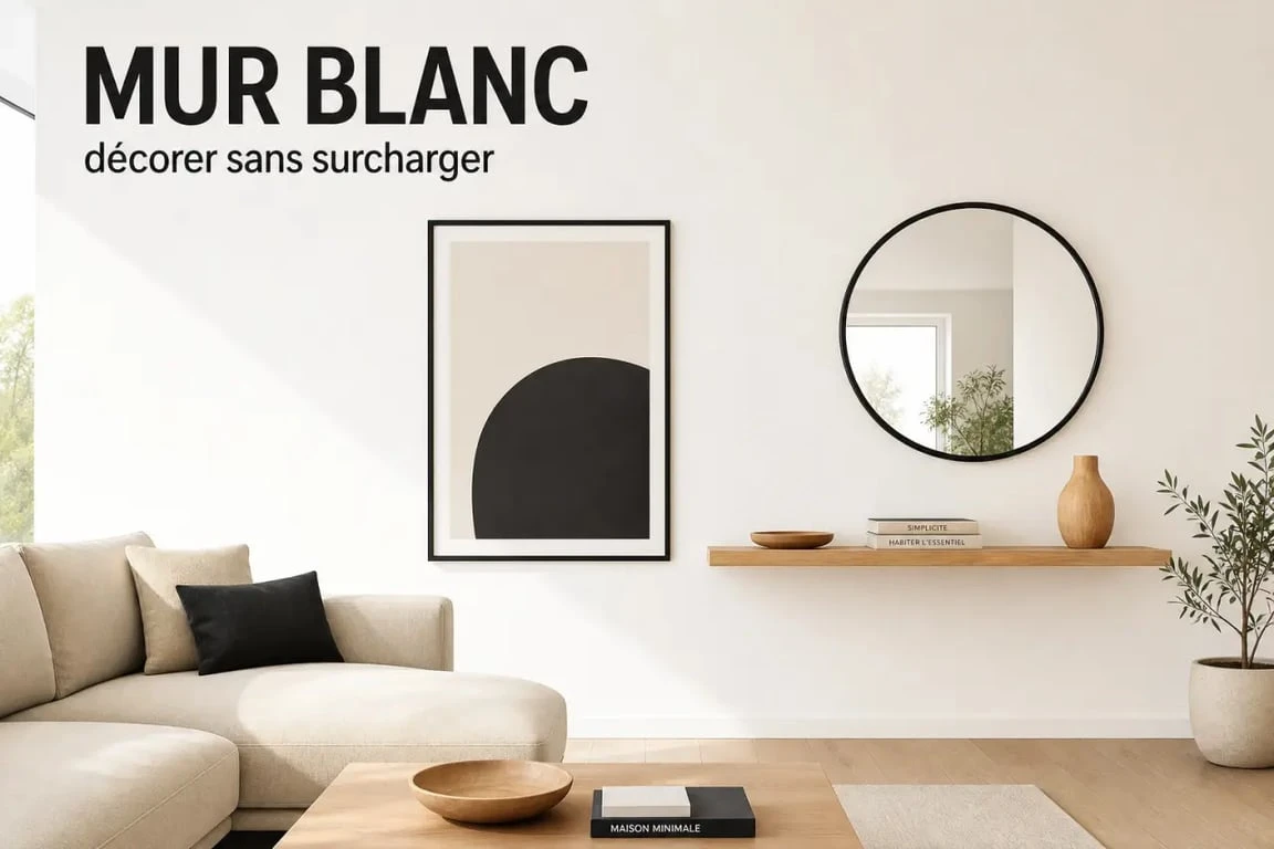 Décorer un mur blanc dans un salon avec cadres, miroir et étagère flottante