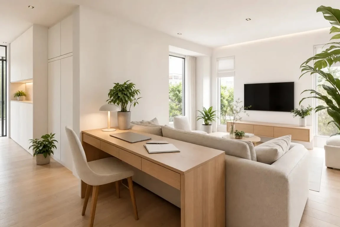 Aménagement d'un coin bureau dans un salon moderne et lumineux
