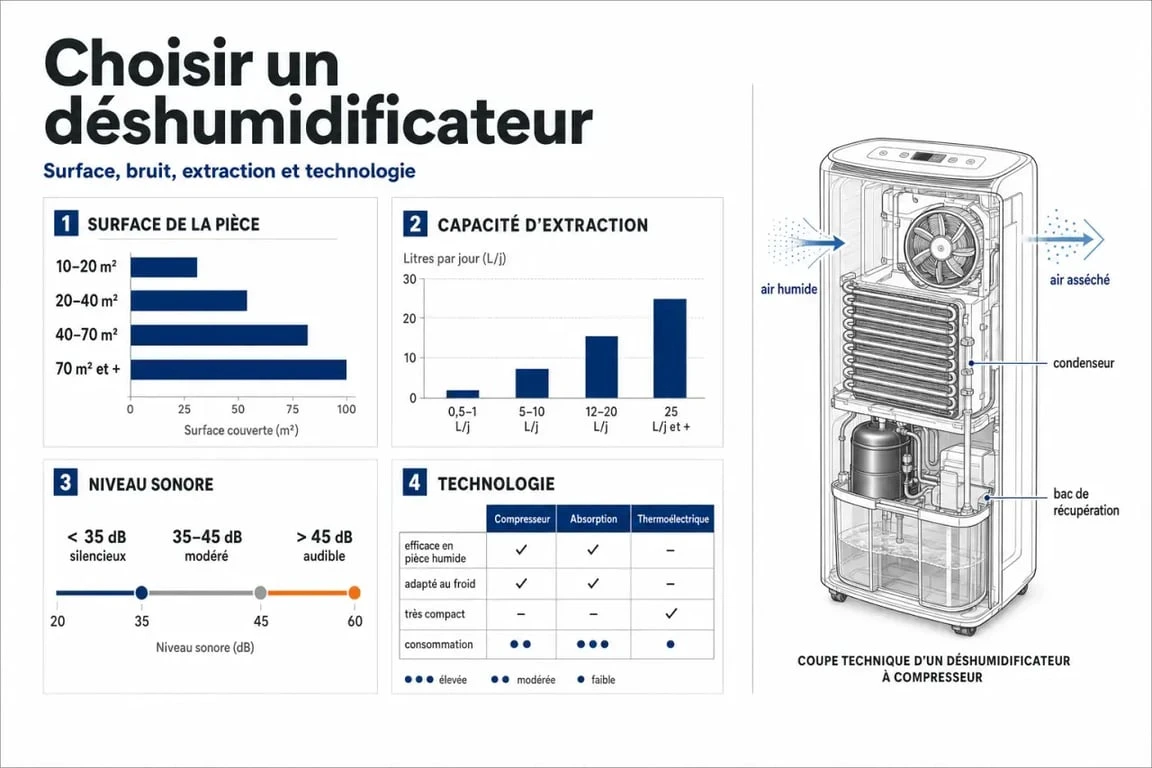 Test déshumidificateur que choisir : infographie comparative des critères clés selon la pièce et l’humidité
