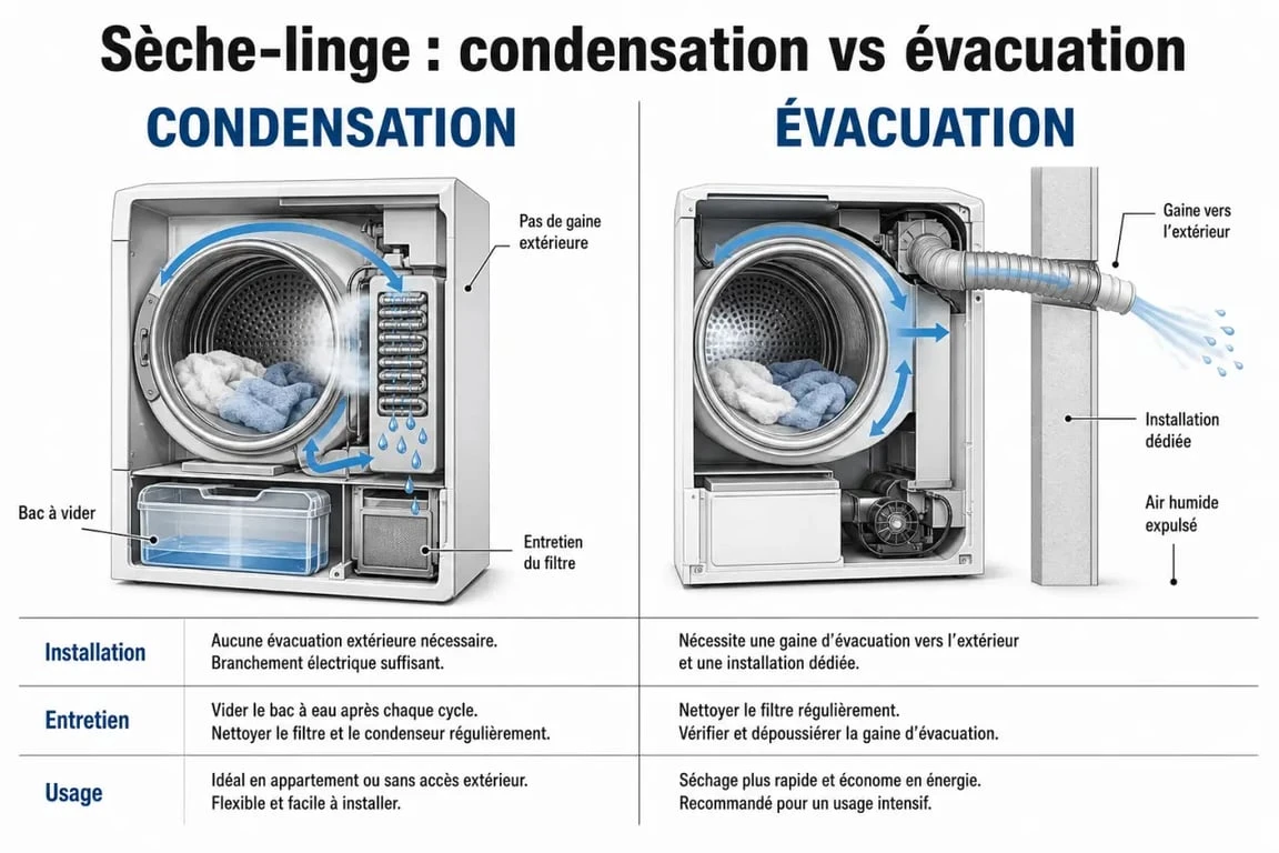 Sèche linge condensation ou évacuation différence : schéma comparatif des deux systèmes