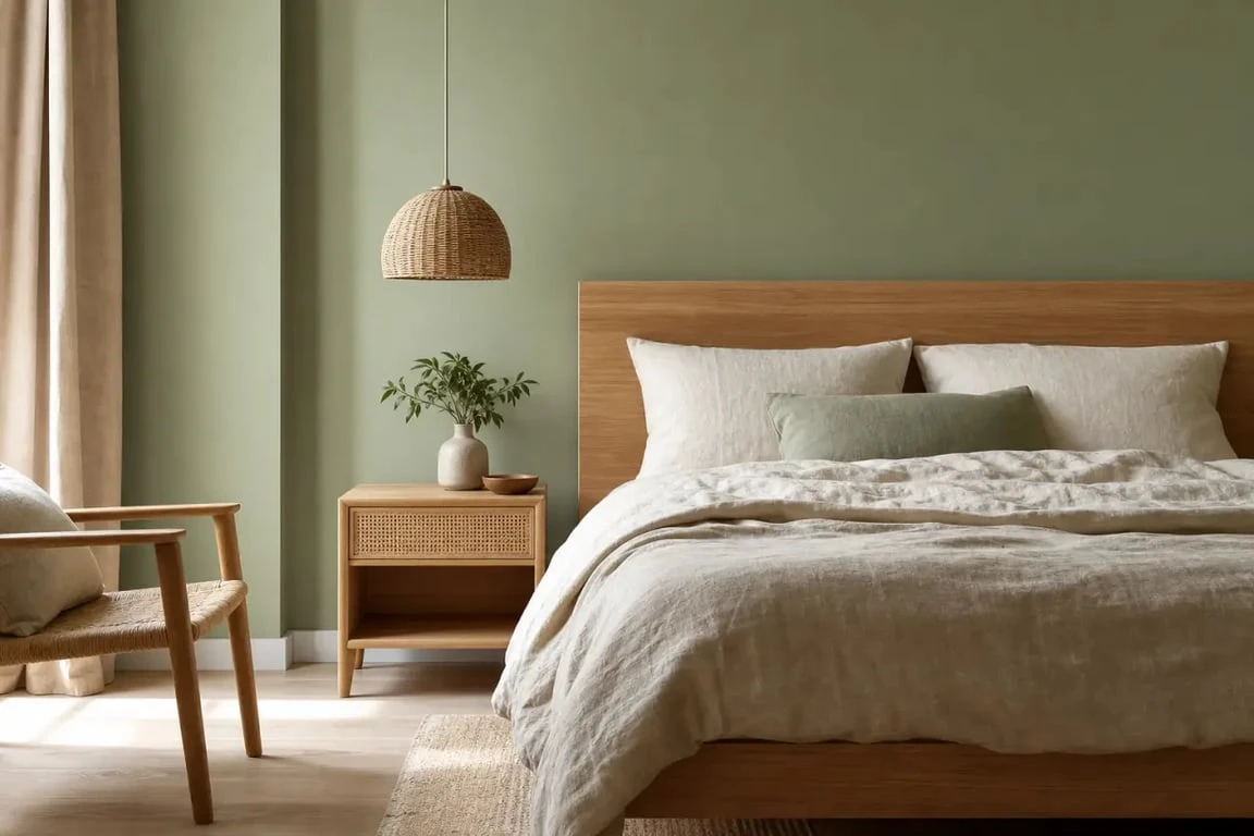 Chambre vert sauge et bois avec mur mat, lit en bois clair et linge en lin naturel