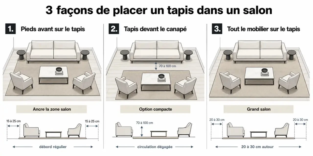 Tapis dans salon : infographie des 3 placements possibles par rapport au canapé et à la table basse