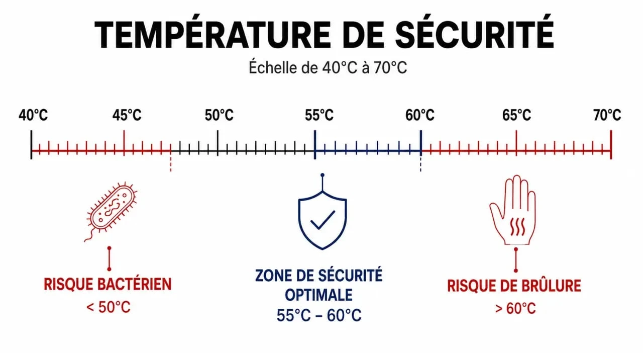 Infographie sur le réglage idéal de la température d'un ballon d'eau chaude pour la sécurité et les économies d'énergie