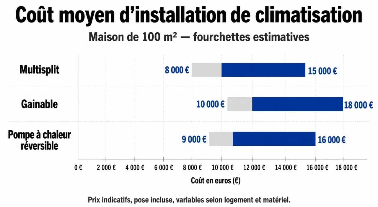 Graphique comparatif des prix d'installation d'une climatisation pour une maison de 100m2
