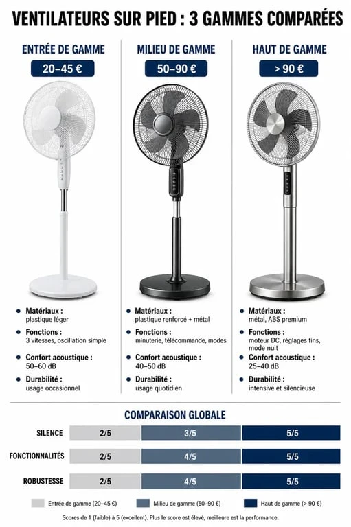Infographie comparative des prix et caractéristiques des ventilateurs sur pied