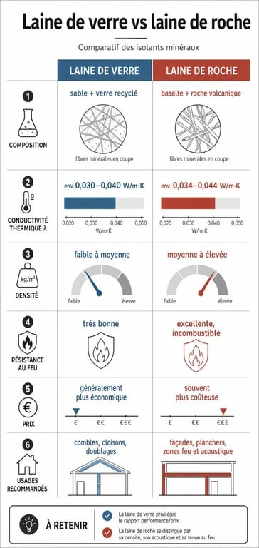 Différence entre laine de verre et laine de roche : comparatif visuel des performances, prix et usages