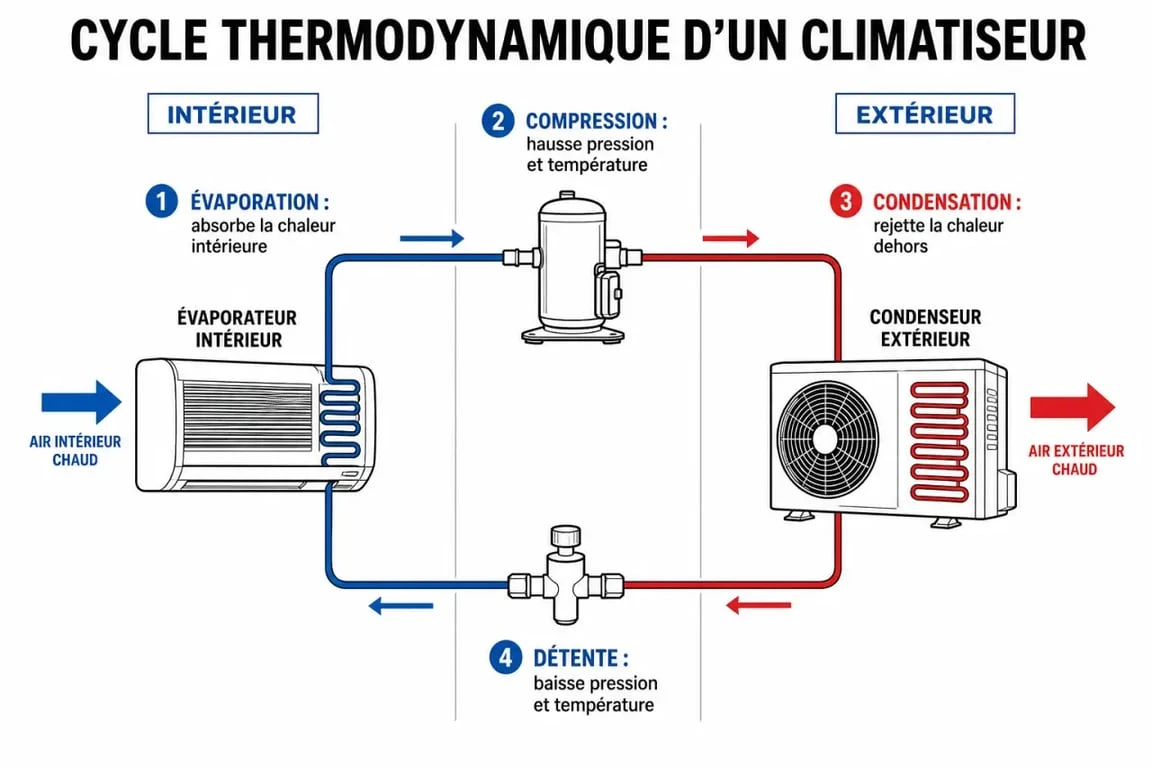 Schéma explicatif du fonctionnement d'un climatiseur et de son cycle thermodynamique