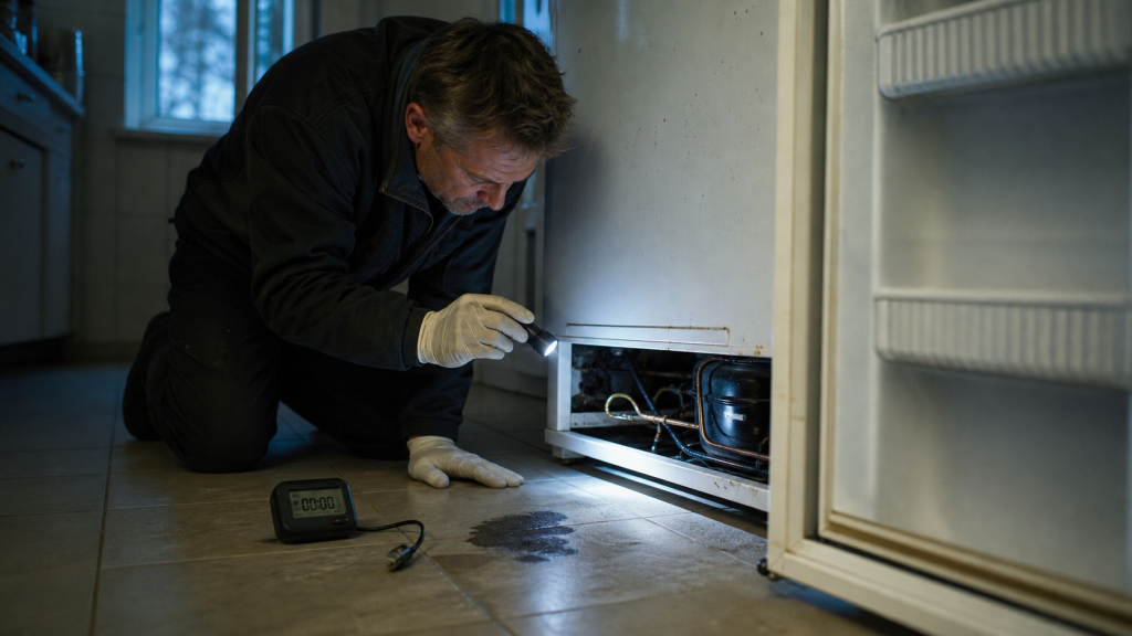 Fuite gaz frigo que faire : technicien vérifiant une fuite sur le frigo en cuisine