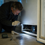 Fuite gaz frigo que faire : technicien vérifiant une fuite sur le frigo en cuisine