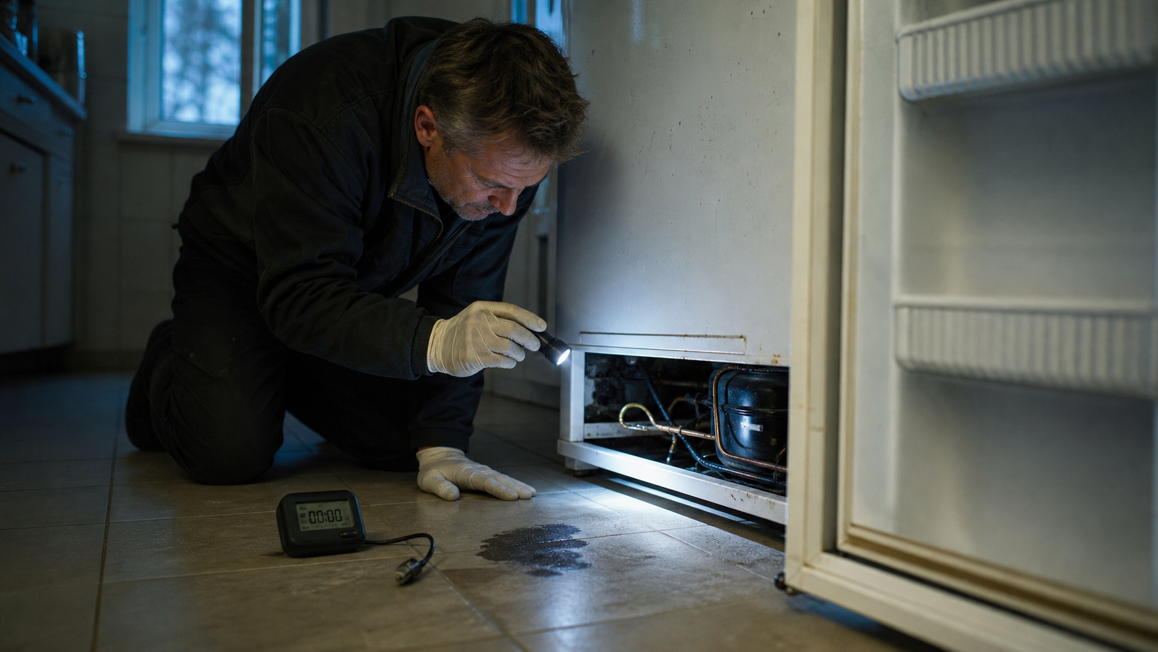 Fuite gaz frigo que faire : technicien vérifiant une fuite sur le frigo en cuisine