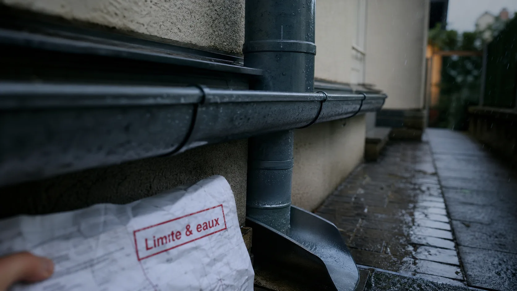 Gouttiere sur mur en limite de propriété, sans debord, zinc fonce et descente raccordee