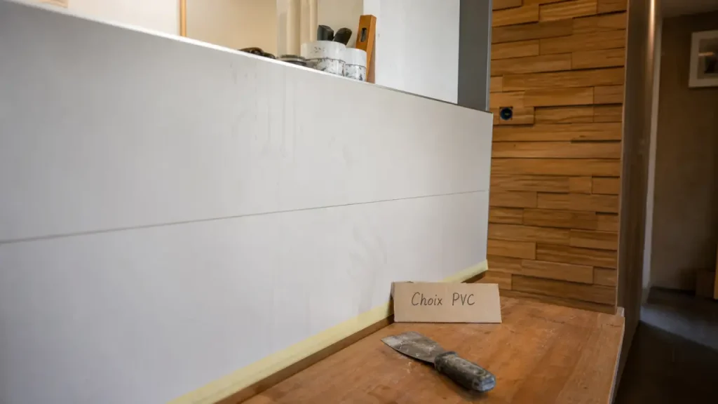 Habillage mur intérieur en panneaux PVC mats dans une cuisine rénovée