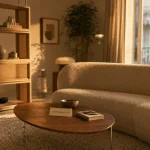 Meuble tendance 2025 : noyer, courbes et chrome, salon contemporain