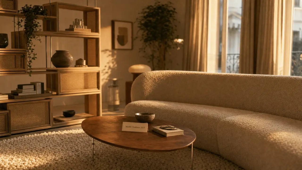 Meuble tendance 2025 : noyer, courbes et chrome, salon contemporain