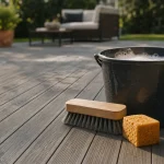 Nettoyer terrasse en composite avec eau savonneuse et brosse