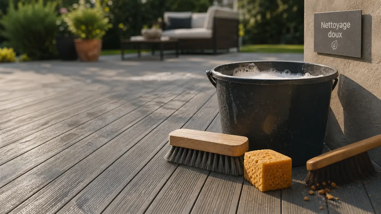Nettoyer terrasse en composite avec eau savonneuse et brosse