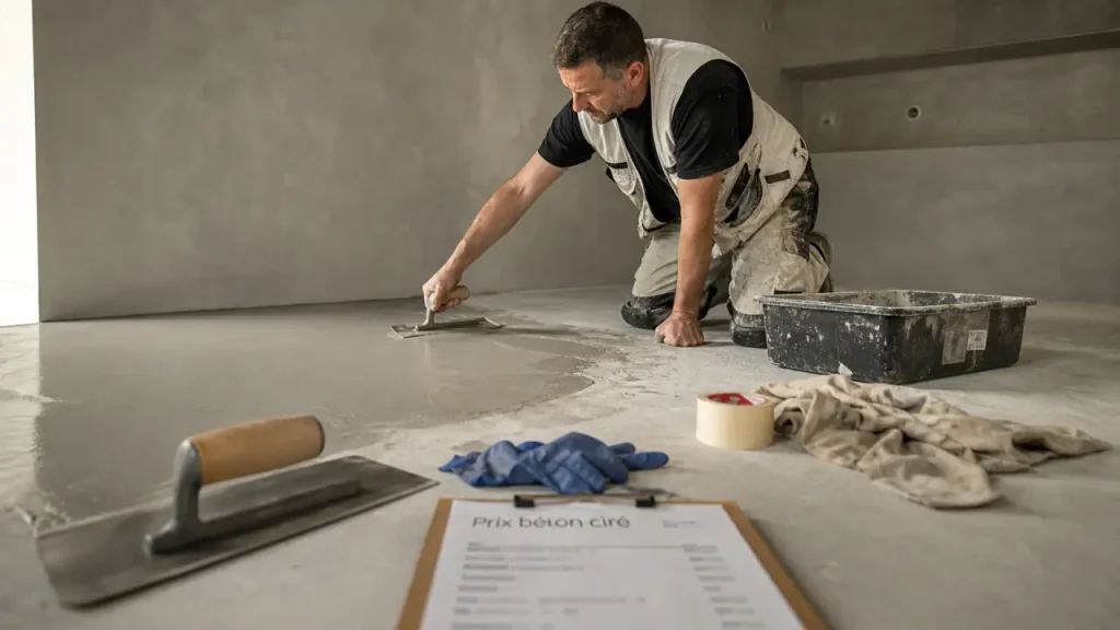 Prix du béton ciré au m2 : artisan applique le béton ciré gris intérieur