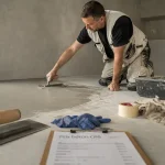 Prix du béton ciré au m2 : artisan applique le béton ciré gris intérieur