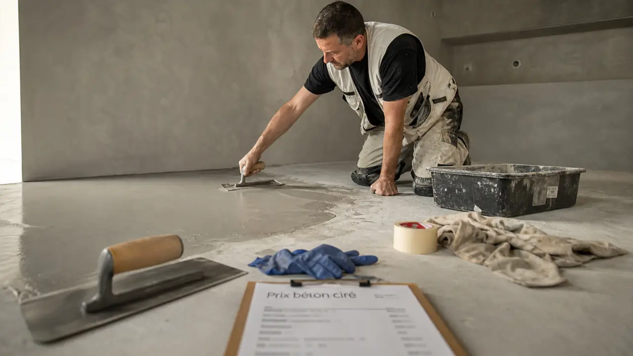 Prix du béton ciré au m2 : artisan applique le béton ciré gris intérieur