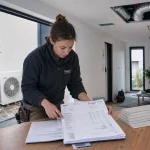 Prix climatisation maison 100m2 : devis et installateur vérifiant le projet