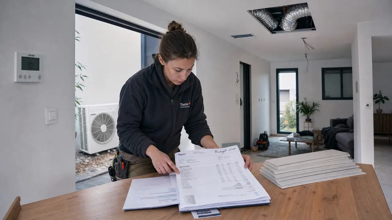 Prix climatisation maison 100m2 : devis et installateur vérifiant le projet