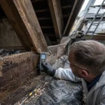 Rénovation charpente bois : artisan contrôle l’humidité d’une poutre