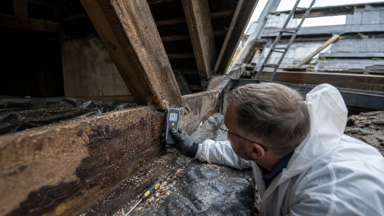 Rénovation charpente bois : artisan contrôle l’humidité d’une poutre