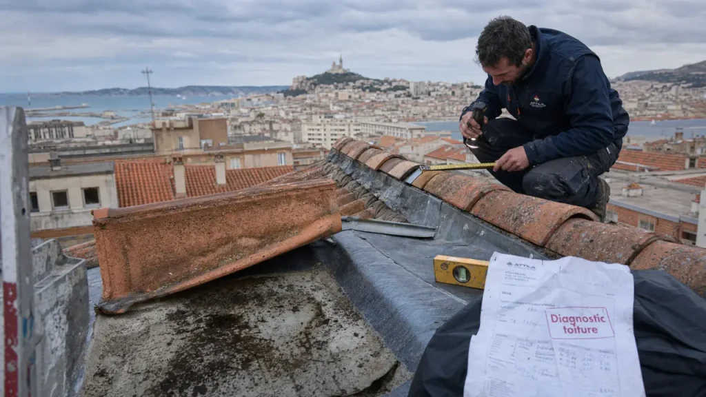 Rénovation toiture Marseille après mistral : couvreur inspecte une toiture abîmée