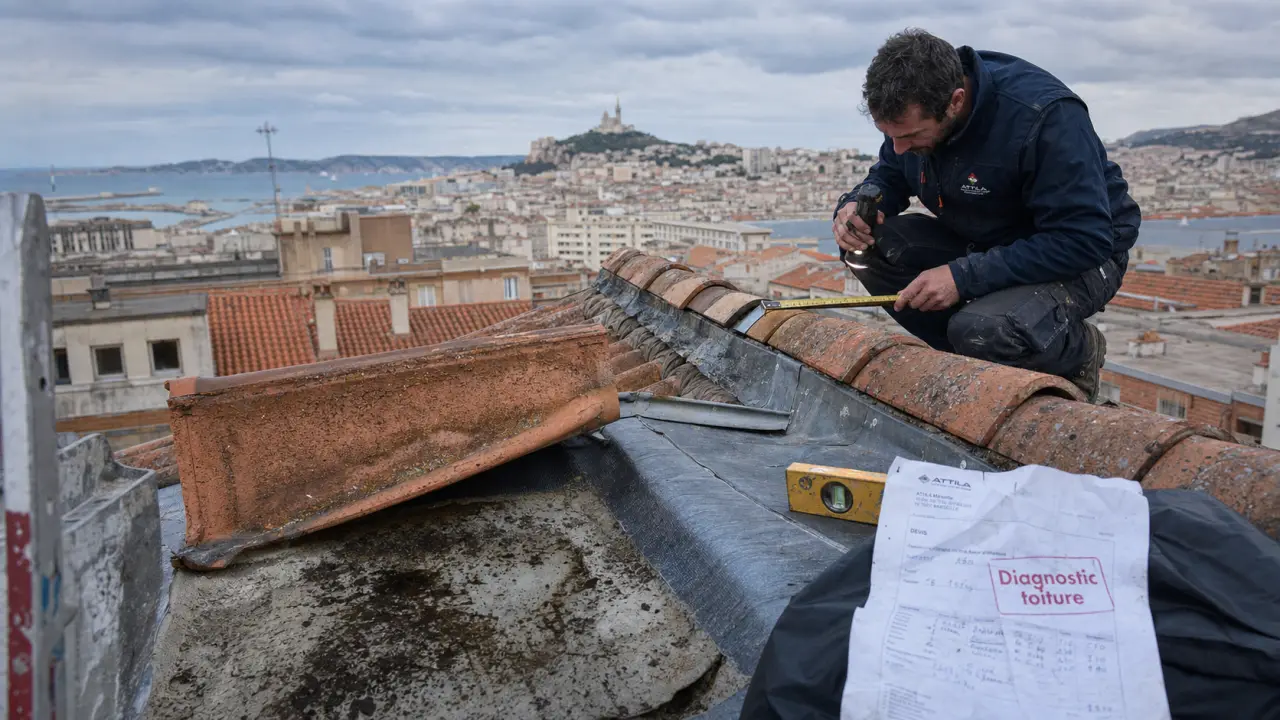 Rénovation toiture Marseille après mistral : couvreur inspecte une toiture abîmée