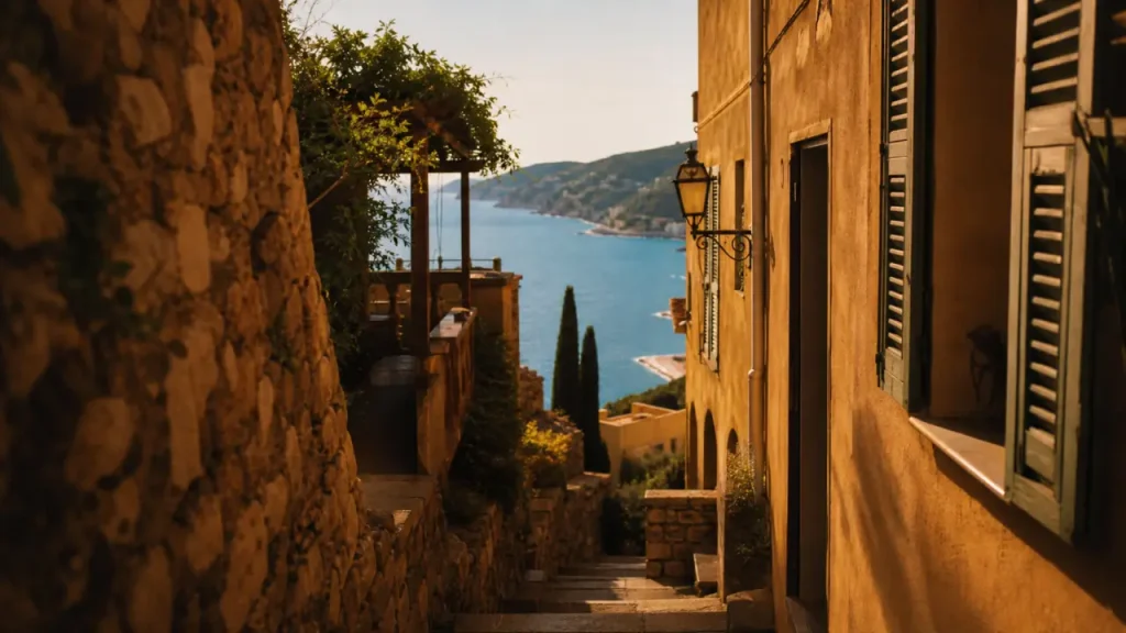 Architecture cote d azur à Nice : enduit minéral, volets en bois, mer au loin