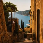 Architecture cote d azur à Nice : enduit minéral, volets en bois, mer au loin
