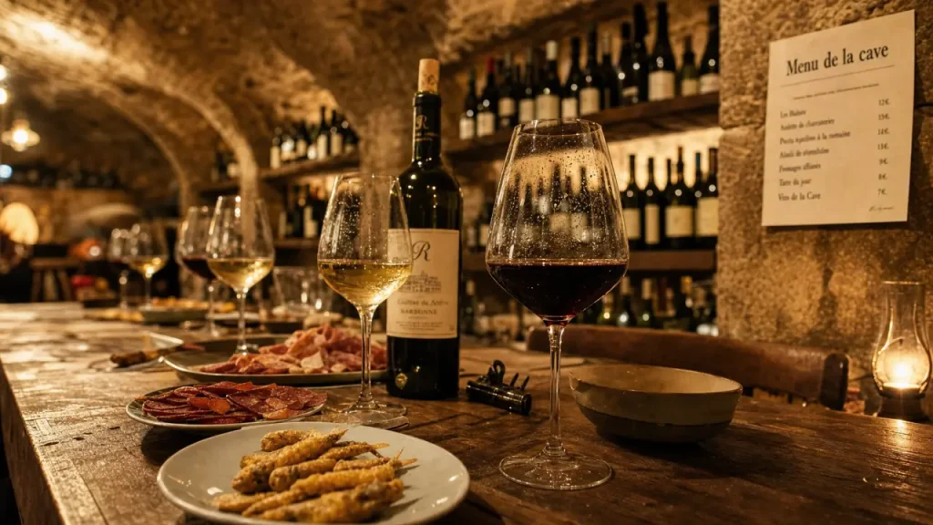 Cave à manger & cave à vin Maison Saint Crescent : intérieur sous voûte, tablée et verres