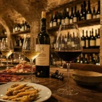 Cave à manger & cave à vin Maison Saint Crescent : intérieur sous voûte, tablée et verres