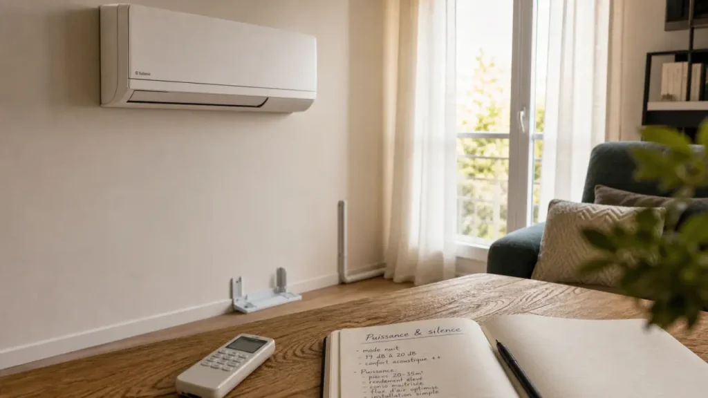 Climatisation monosplit dans un salon, unité intérieure discrète
