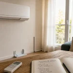 Climatisation monosplit dans un salon, unité intérieure discrète
