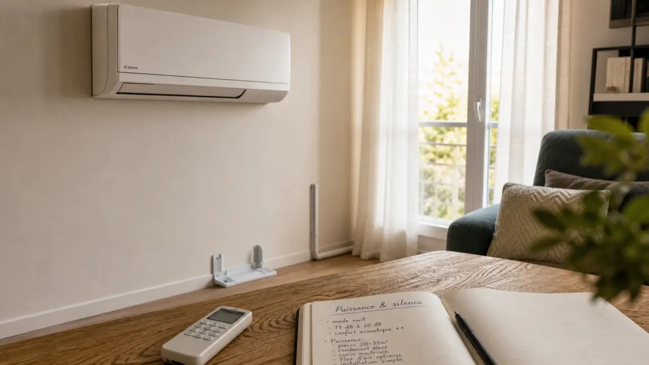 Climatisation monosplit dans un salon, unité intérieure discrète