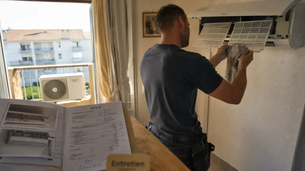 Climatisation Toulon : technicien nettoie un filtre de climatiseur split sur un mur