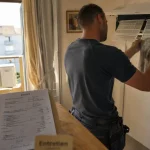 Climatisation Toulon : technicien nettoie un filtre de climatiseur split sur un mur